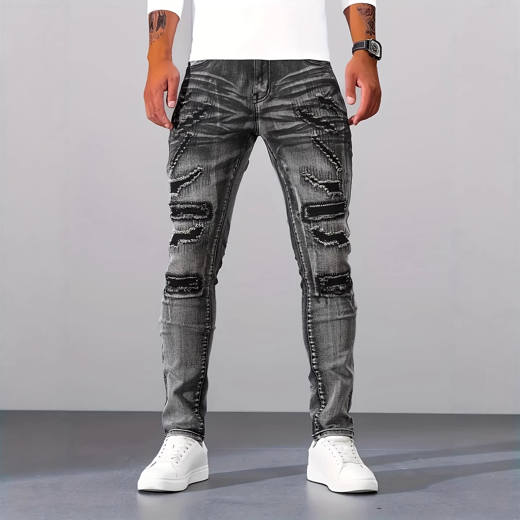 Men'S Fashion Grey Jeans - Męskie szare, dopasowane, proste, codzienne, z